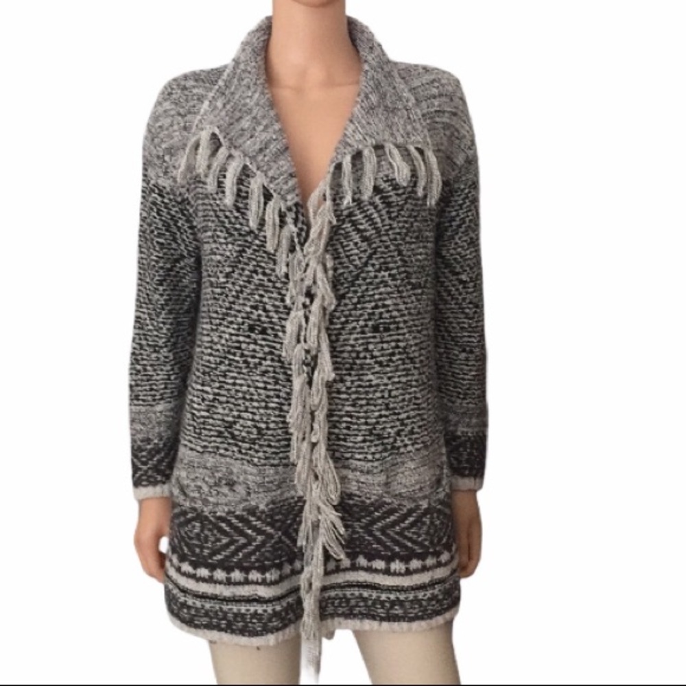 J. Jill Fringe Open Cardigan Gray Woven Knit Boho Duster Size M